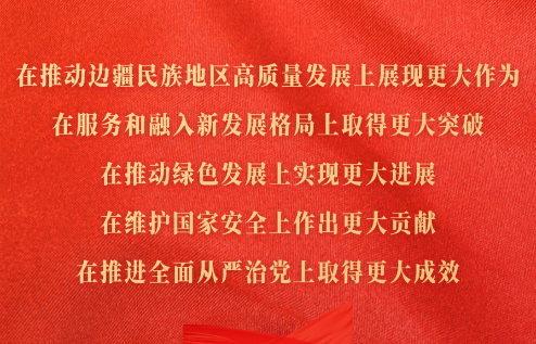 在推動(dòng)邊疆民族地區(qū)高質(zhì)量發(fā)展上展現(xiàn)更大作為，在服務(wù)和融入新發(fā)展格局上取得更大突破，在推動(dòng)綠色發(fā)展上實(shí)現(xiàn)更大進(jìn)展，在維護(hù)國(guó)家安全上作出更大貢獻(xiàn)，在推進(jìn)全面從嚴(yán)治黨上取得更大成效